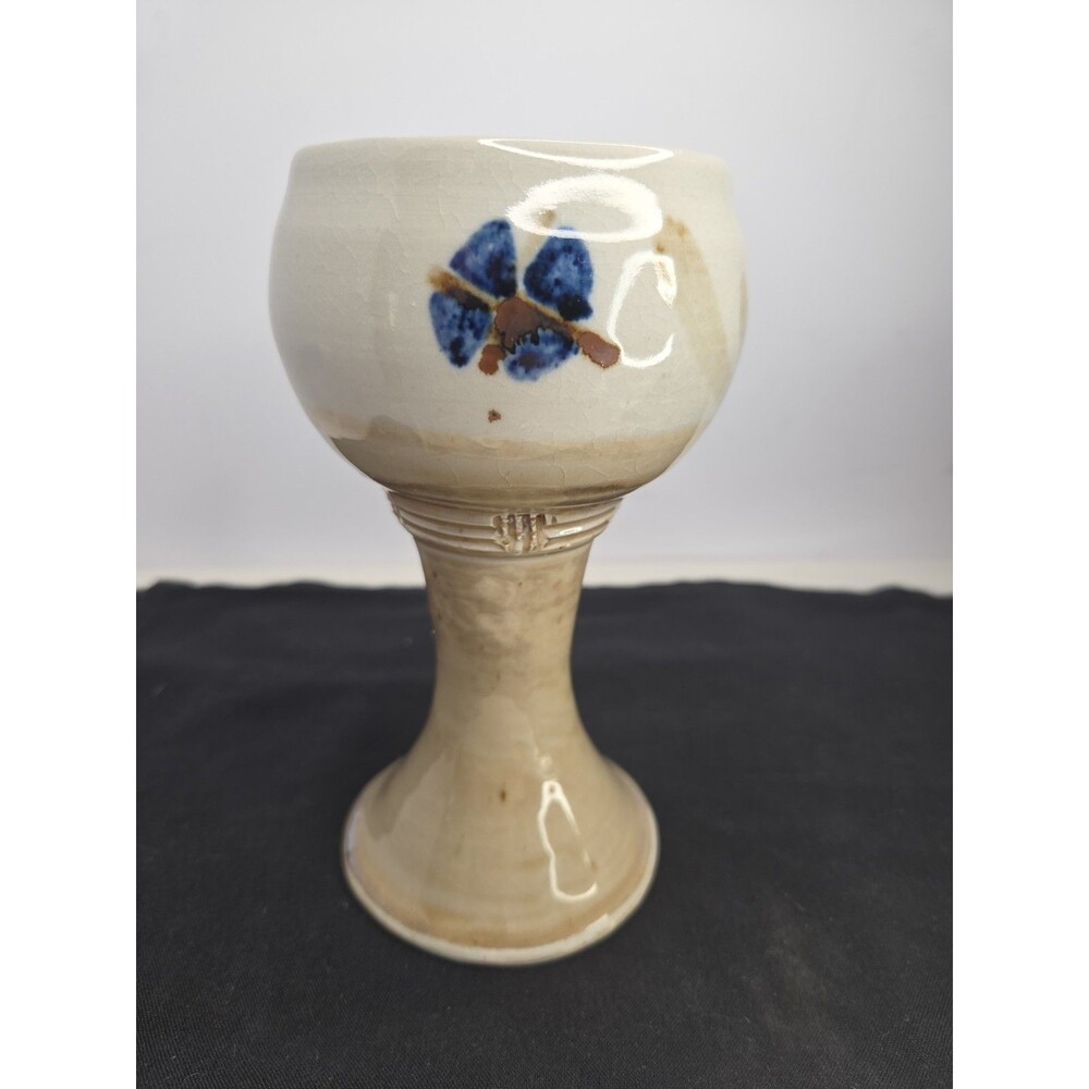 Vintage MCM Handmade Pottery Signed 'Diaz' Oatmeal/Blue 6.5" Chalice/Goblet